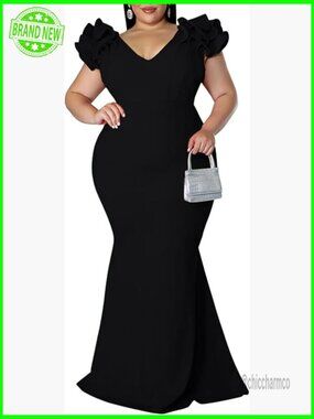 Plus Size Maxi Dress V-Neck Ruffle Sleeves Bodycon Mermaid Evening Gown